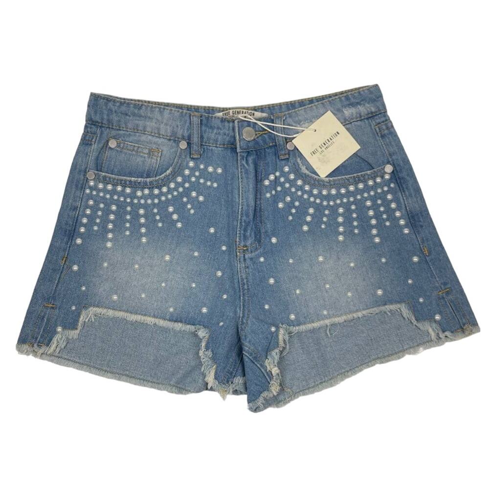 NEW Free Generation Women's Small Blue Denim Pearl‎ Accent Step-Hem Jean Shorts